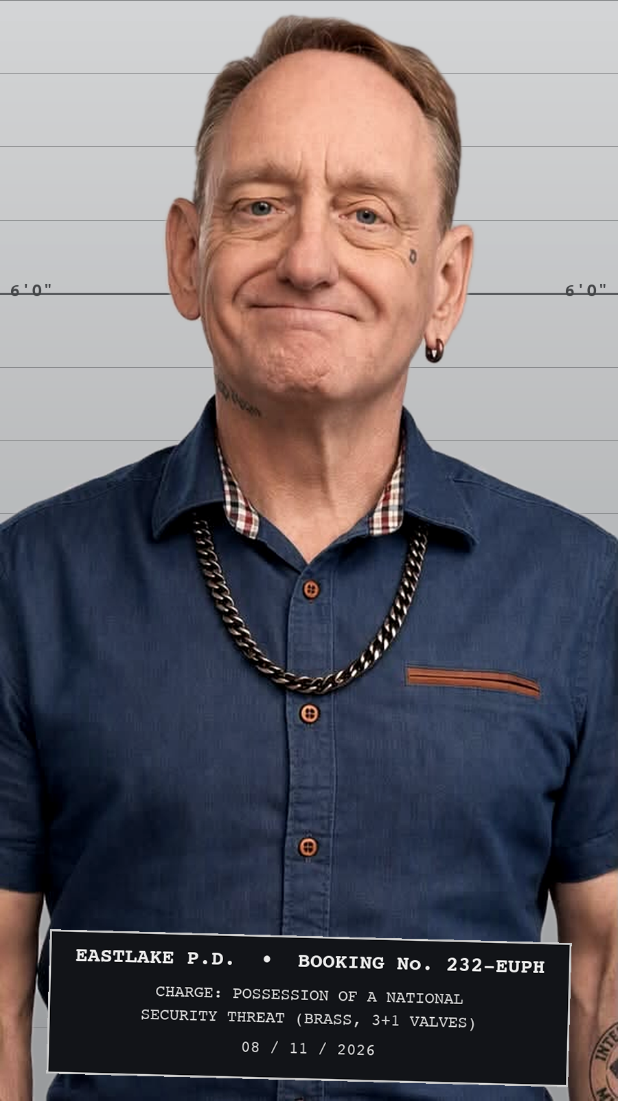 Satirical booking-photo composite supplied by the subject